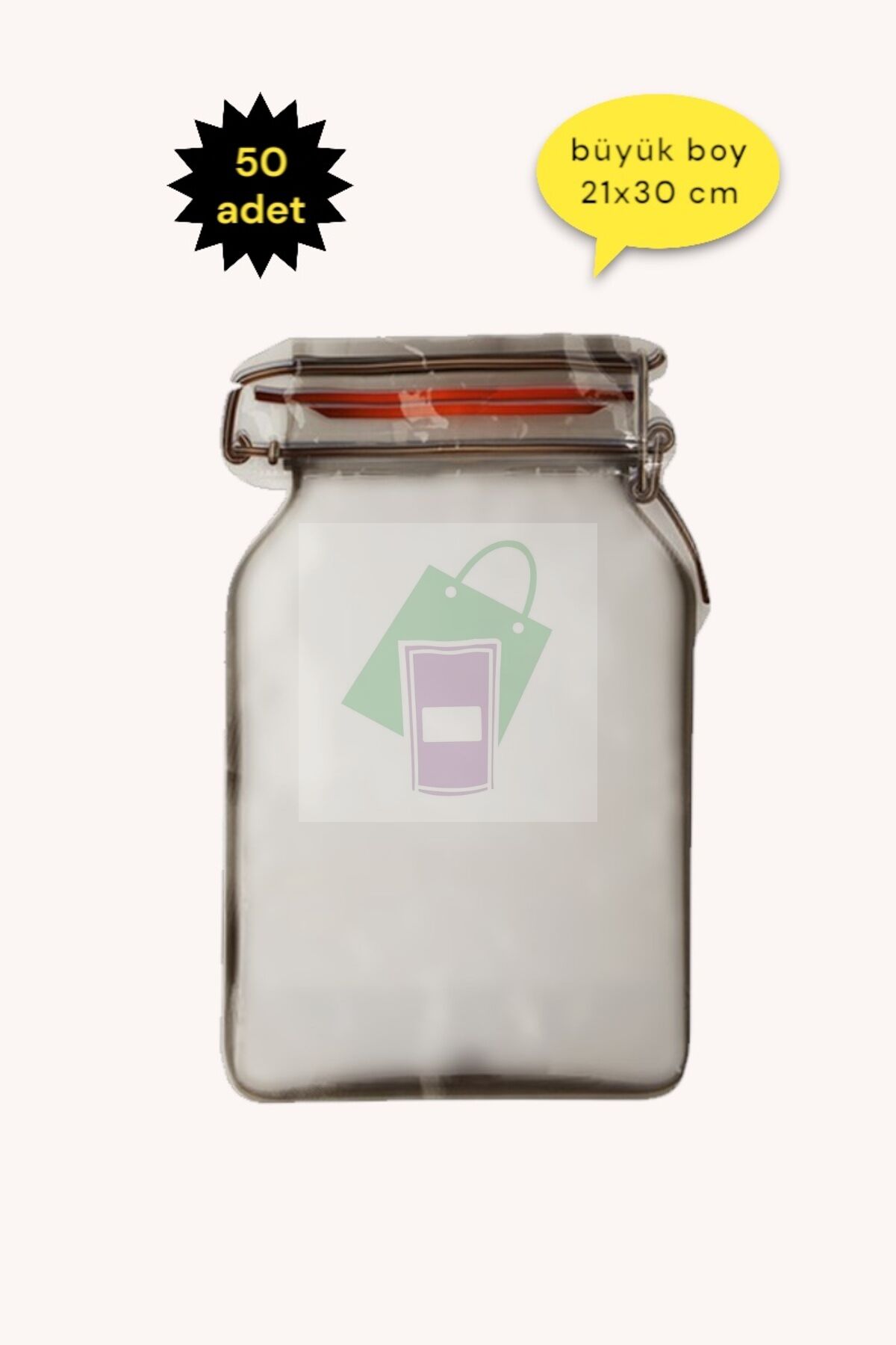Kavanoz Desenli Fermuarlı Sızdırmaz Şeffaf Doypack Ambalaj - 50 adet - 21x30x8 cm - büyük boy
