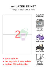 Lazer Etiket A4 Kendinden Yapışkanlı 210*148,5 mm (laser-inkjet için) 100 sayfa