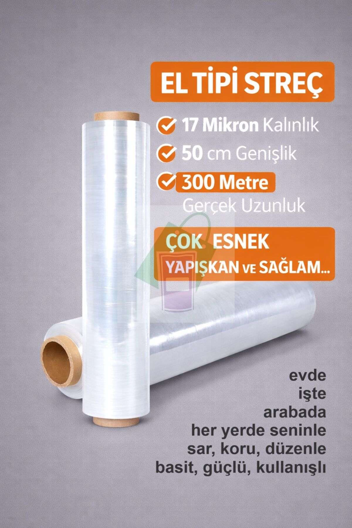 El Tipi Streç Film, 17 Mikron, 50 cm Genişlik, 300 Metre Gerçek Uzunluk, 1 adet strech film rulosu