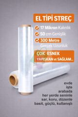 El Tipi Streç Film, 17 Mikron, 50 cm Genişlik, 300 Metre Gerçek Uzunluk, 1 adet strech film rulosu