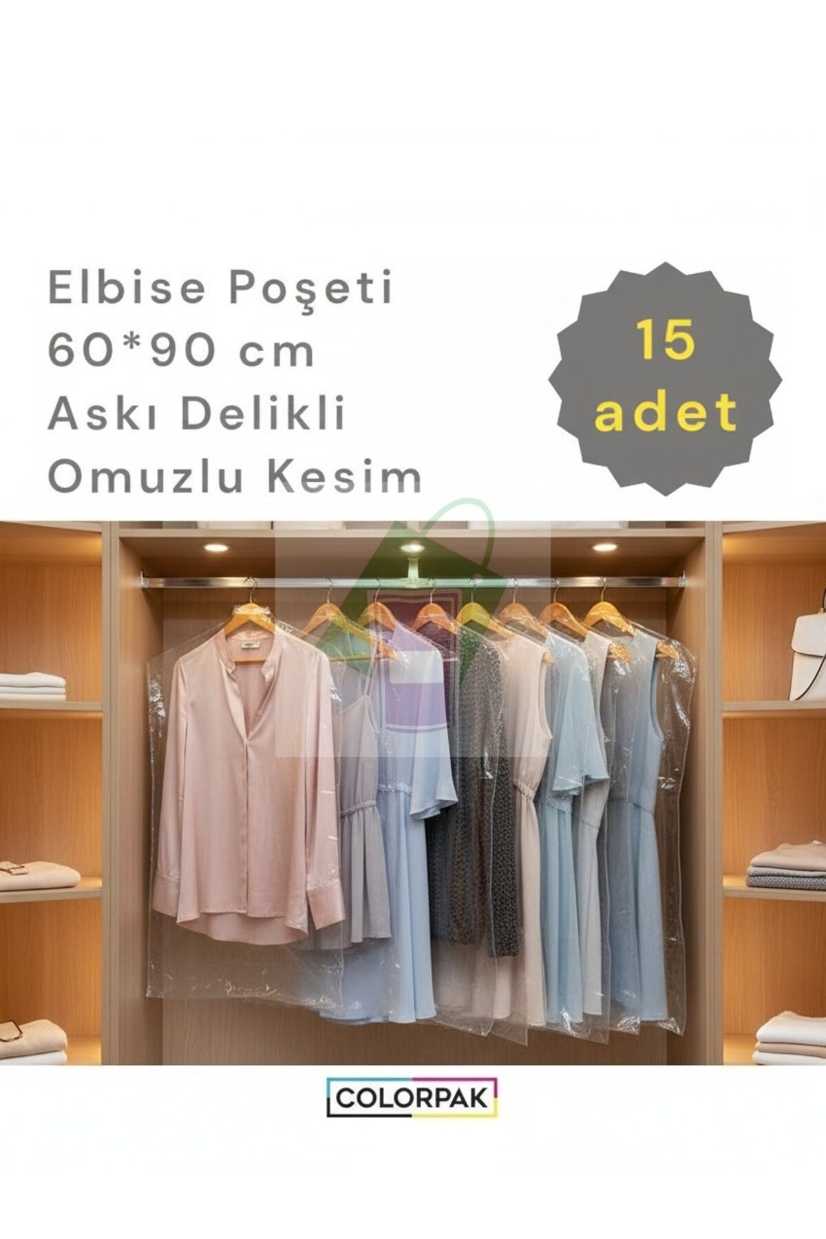Elbise Poşeti (60X90 CM) Askı Delikli Omuzlu Kesim (15 ADET) Şeffaf Kıyafet Koruma Hurç Kılıf Naylon