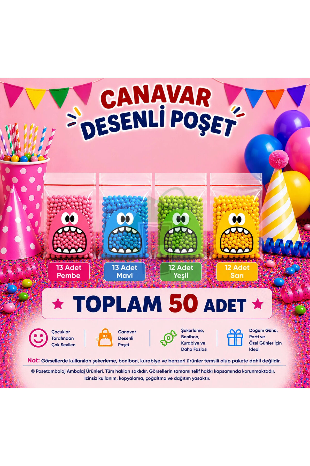 50 Adet Karışık Canavar Desenli Bantlı Şeffaf Poşet 10x15 Cm