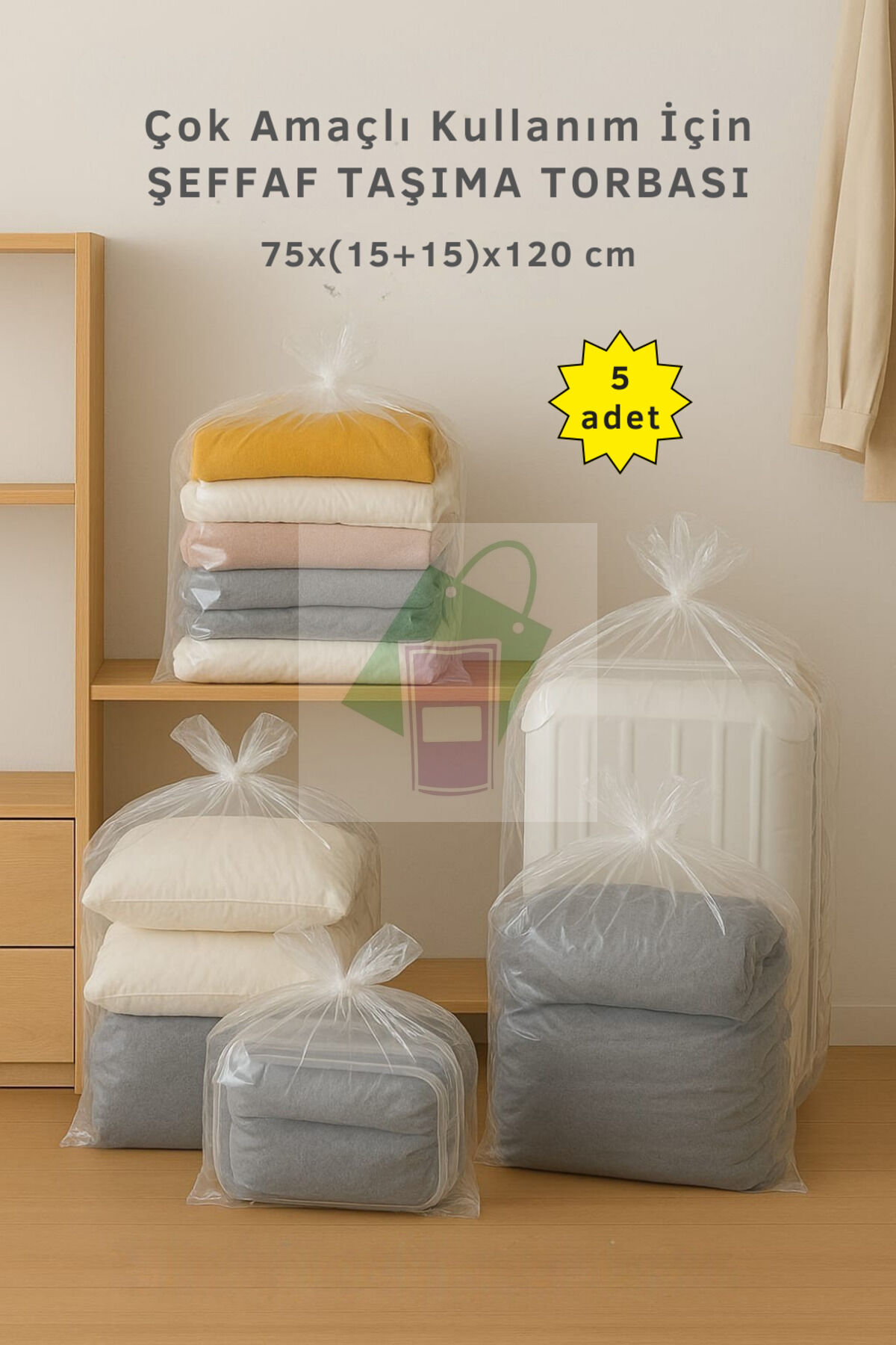 Çok Amaçlı Plastik Taşıma Torbası 75x(15+15)x120cm Şeffaf Renk (5 adet) Kalın Battal Poşet