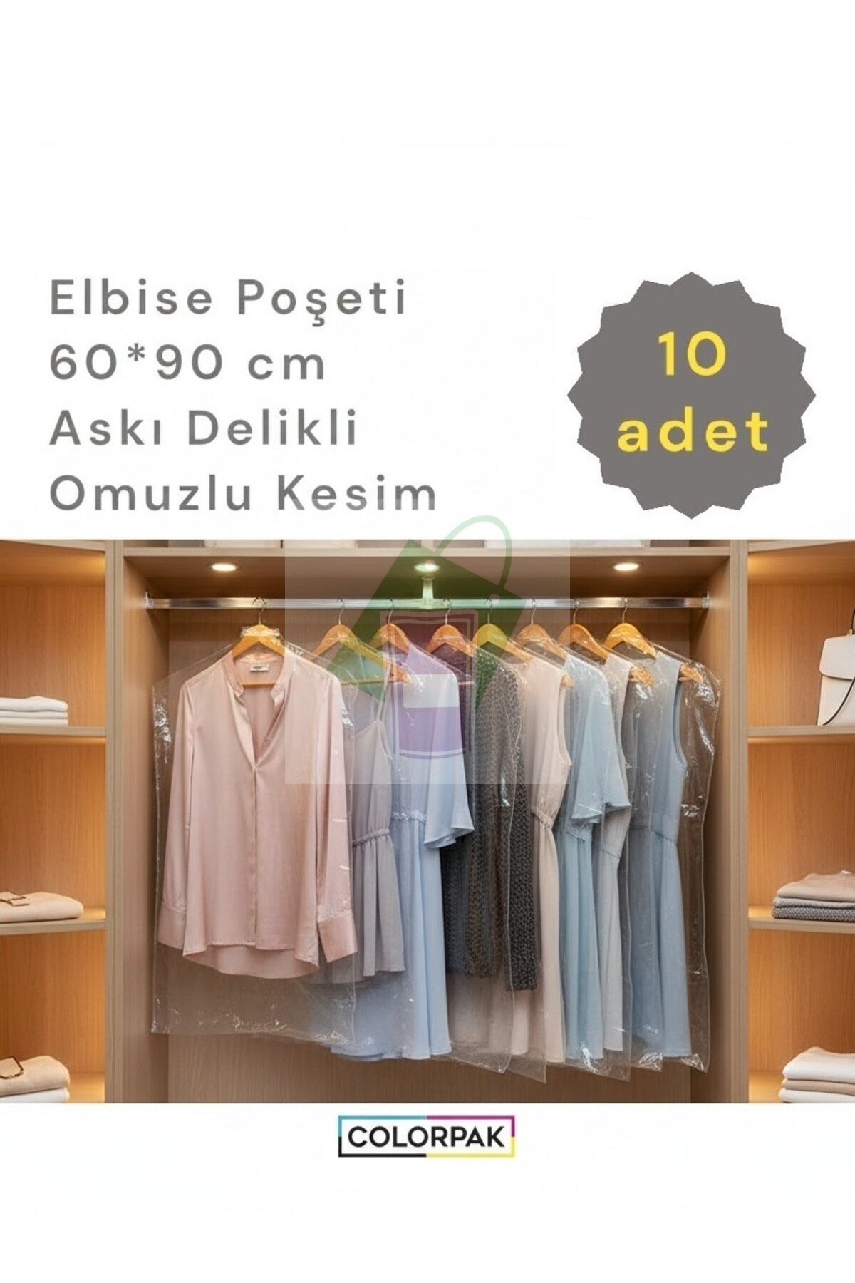 Elbise Poşeti (60X90 CM) Askı Delikli Omuzlu Kesim (10 ADET) Şeffaf Kıyafet Koruma Hurç Kılıf Naylon