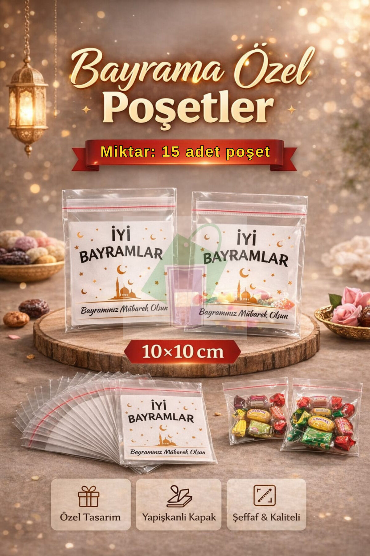 Bayram Özel Poşet Kendinden Yapışkanlı Şeffaf Torba – 10x10 cm - 15 Adet İkram Torbası