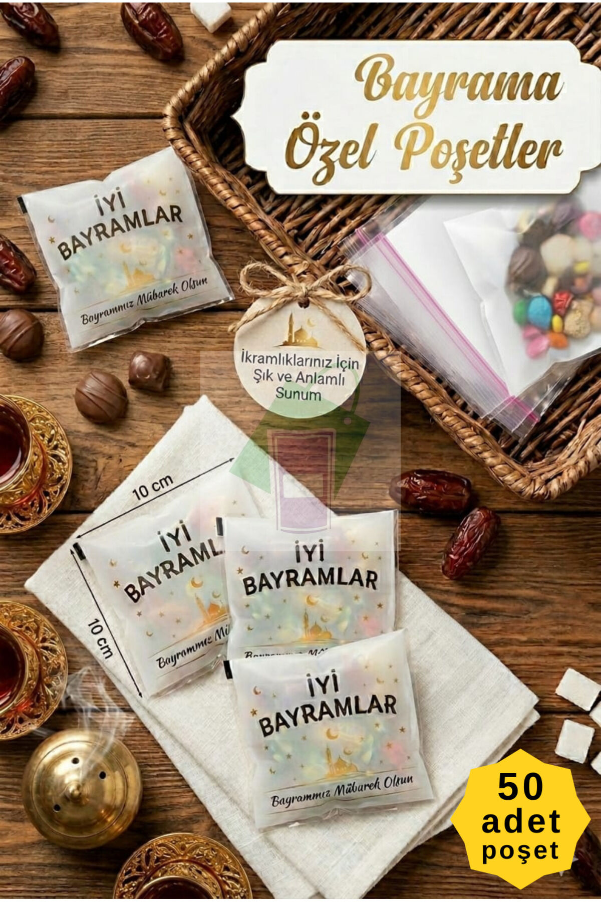 Bayram Özel Poşet Kendinden Yapışkanlı Şeffaf Torba – 10x10 cm - 50 Adet İkram Torbası