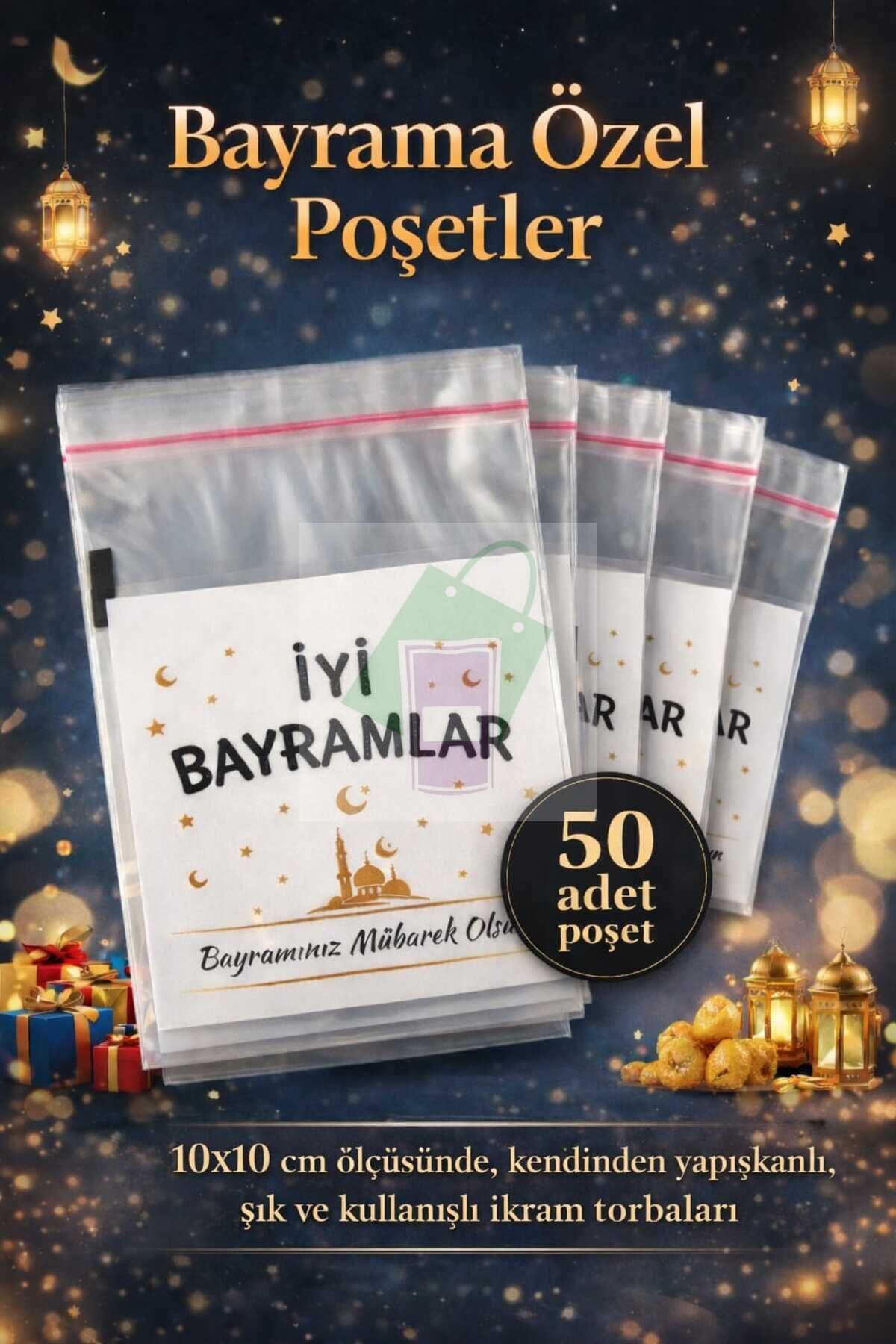 BAYRAM Özel Baskılı Kendinden Yapışkanlı Hediye Poşeti – 10x10 cm - 50 Adet Karışık Desen