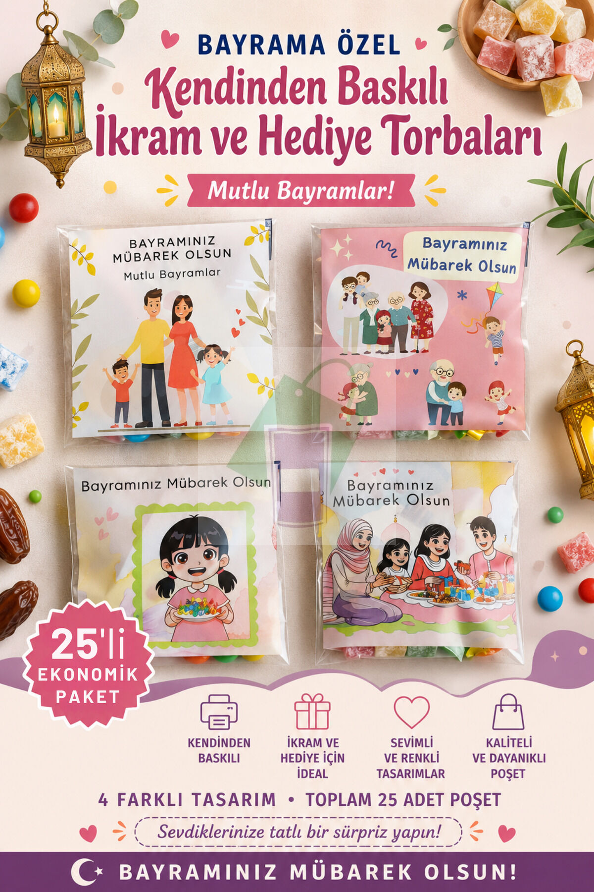 Bayrama Özel Kendinden Baskılı İkram Şeker ve Hediye Poşeti Şeffaf Yapışkanlı Torba 10x10 cm