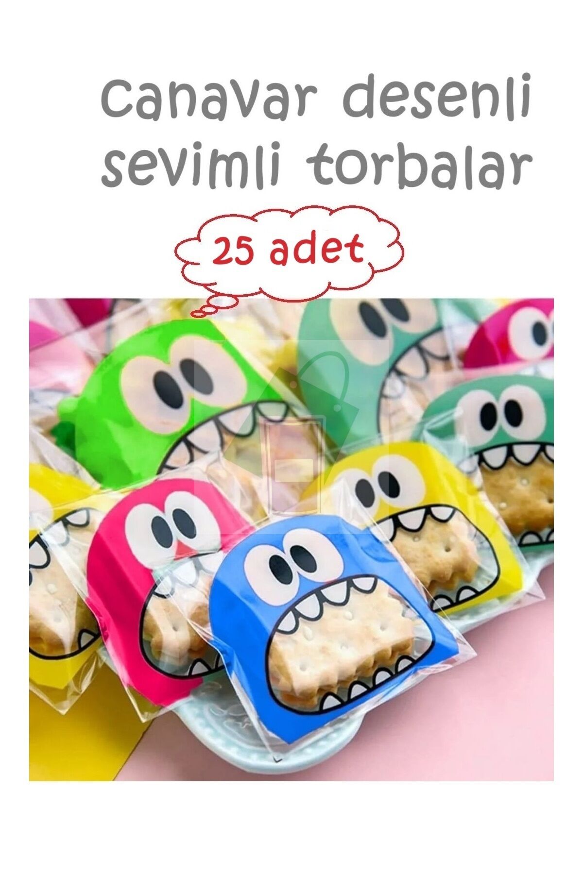 Canavar Desenli Sevimli Eğlenceli Bantlı Poşetler 25 adet şeffaf OPP karışık renkler 10x10+5 cm