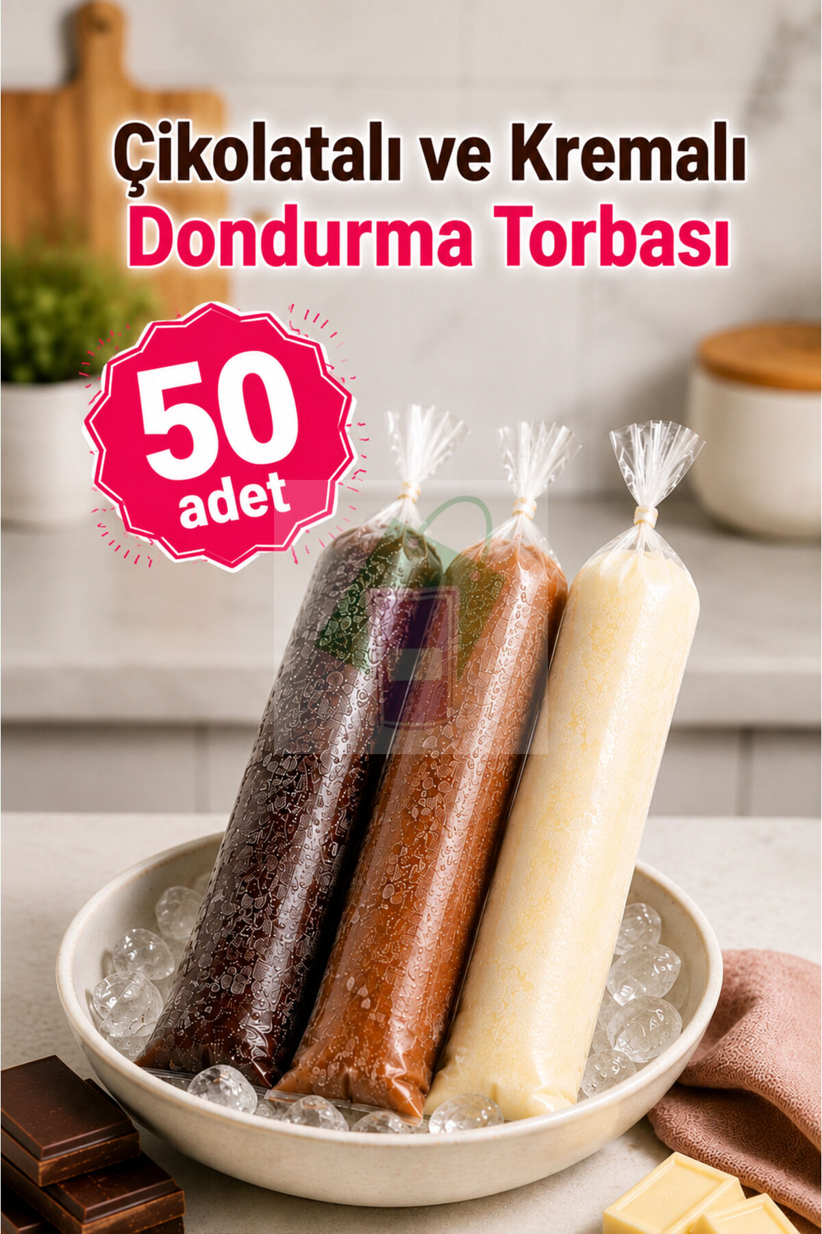 Çikolatalı ve Kremalı Dondurma Torbası 50 adet Dondurucuya Uygun Sızdırmaz 5,5x33cm Ev Yapımı Dondurma Poşeti