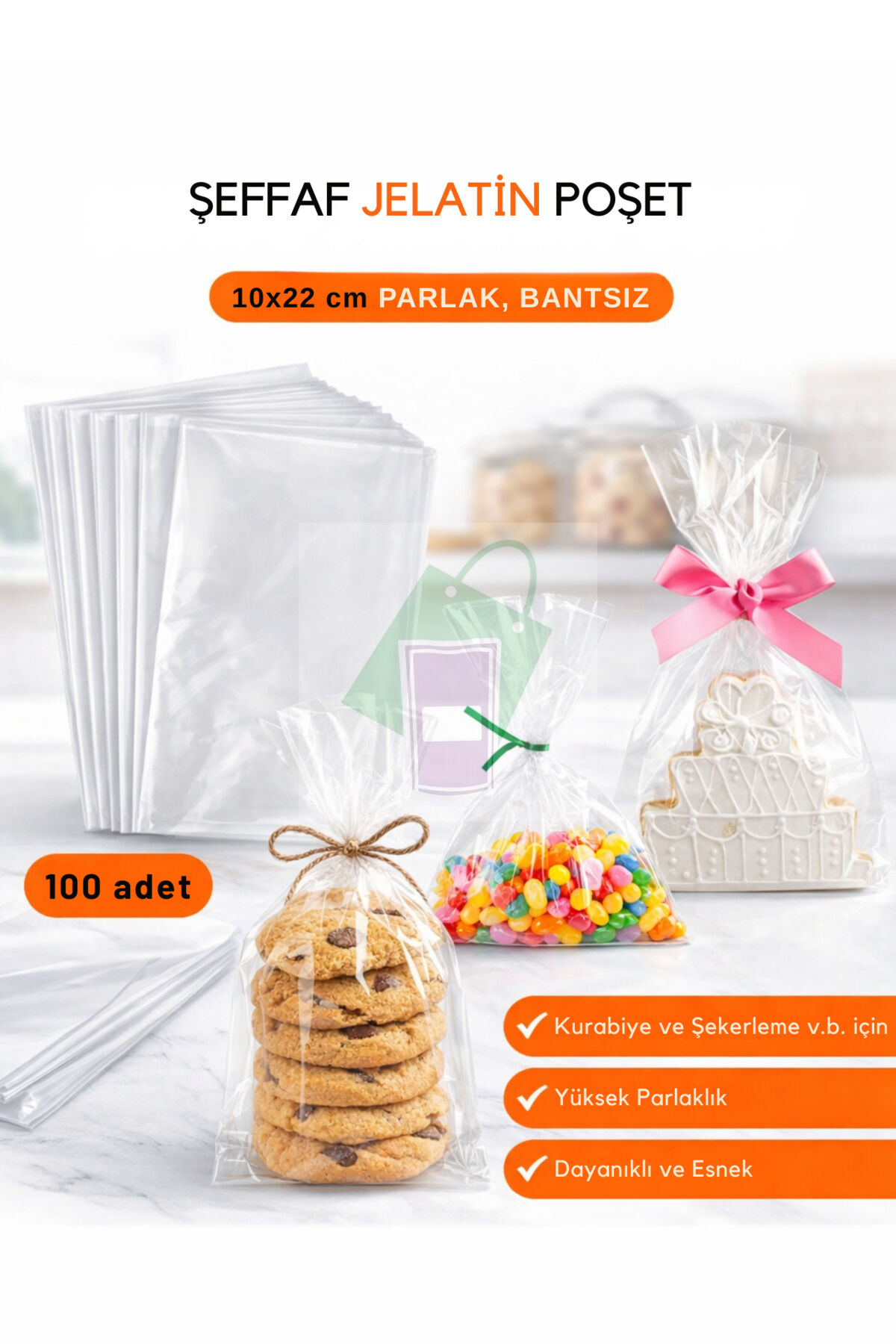 10*22 cm Parlak Bantsız Jelatin Kurabiye ve Şekerleme Poşeti Şeffaf 100 Adet