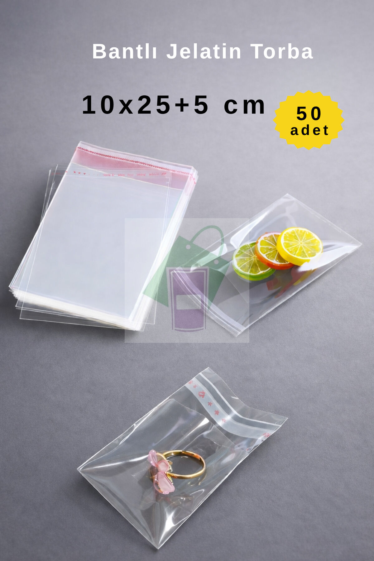 10x25+5 cm Bantlı Şeffaf CPP Jelatin Torba - 50 Adet - Dayanıklı Yırtılmaz Bantlı Ambalaj Poşeti