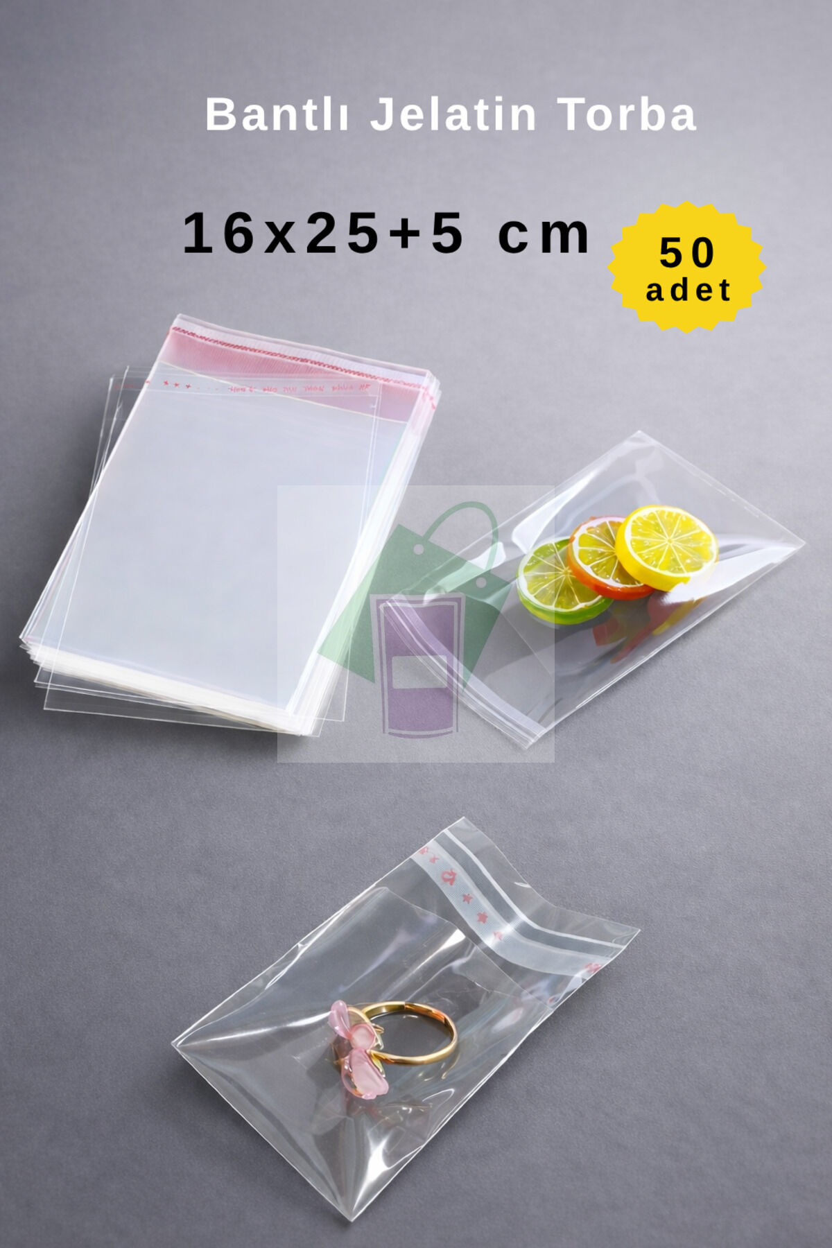 16x25+5 cm Bantlı Şeffaf CPP Jelatin Torba - 50 Adet - Dayanıklı Yırtılmaz Bantlı Ambalaj Poşeti