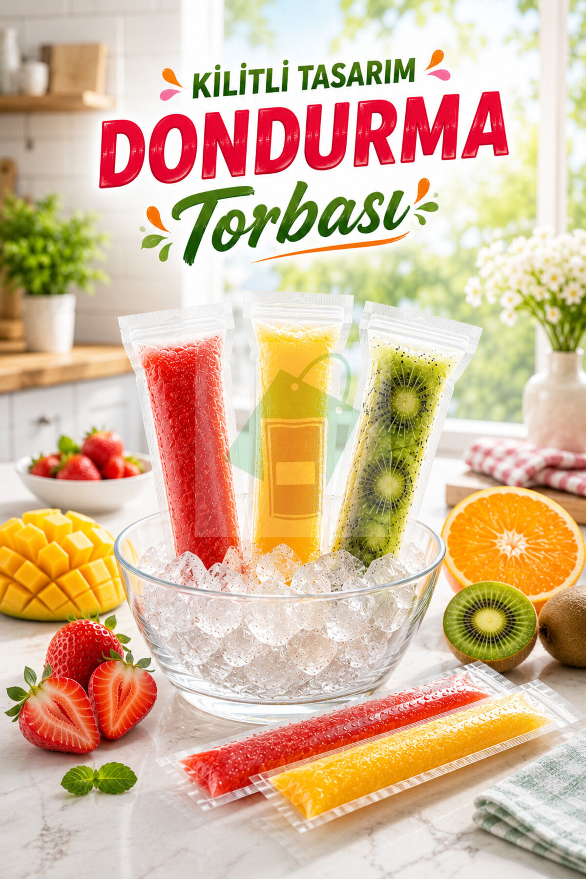 Kilitli Meyveli Buz Dondurma Poşeti 2 5 adet 5,5x22 cm Ev Yapımı Dondurma ve Meyve Suyu Buz Torbası