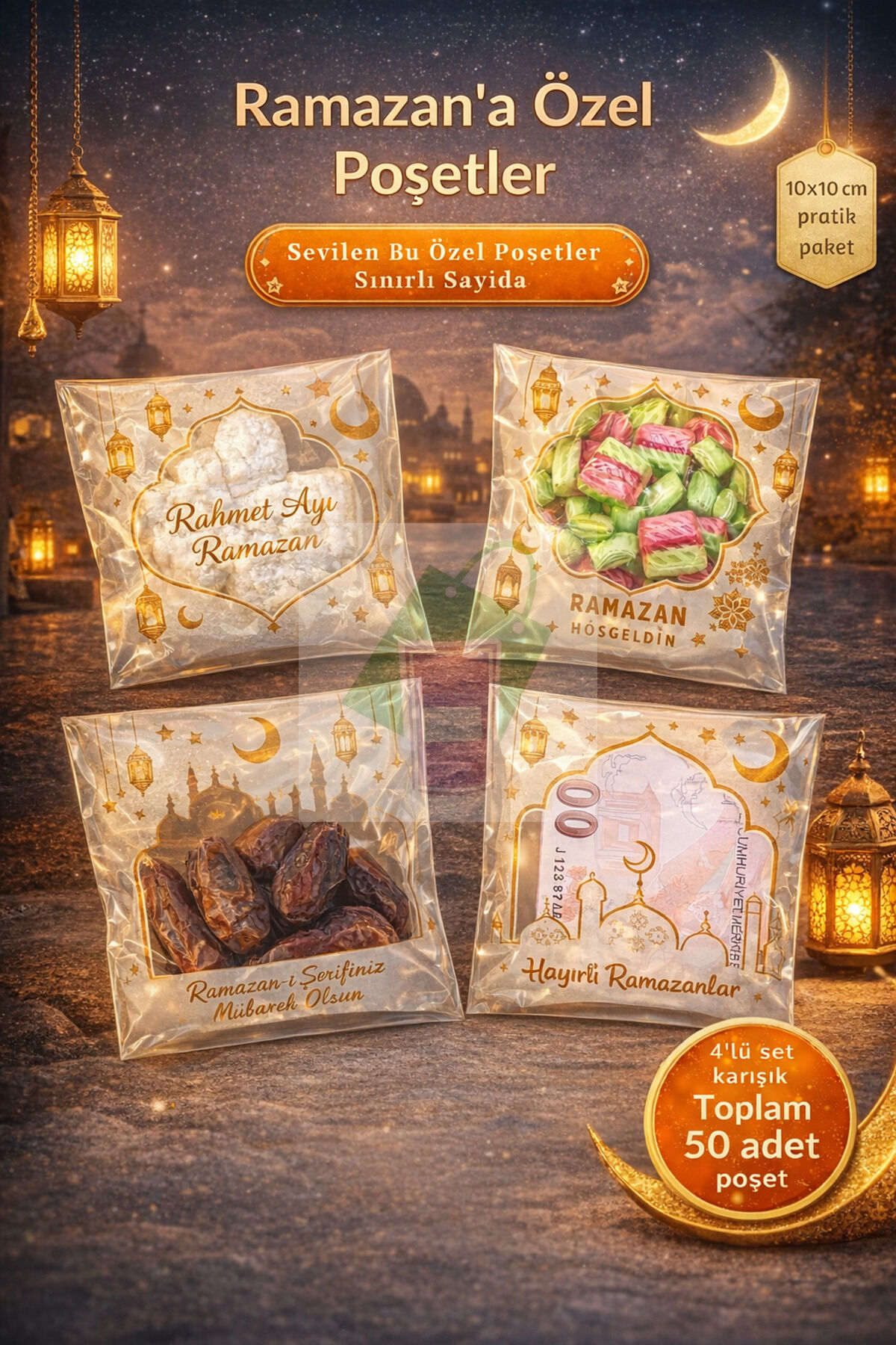 Ramazan Özel Baskılı Kendinden Yapışkanlı Hediye Poşeti – 10x10 cm - 50 Adet Karışık Desen