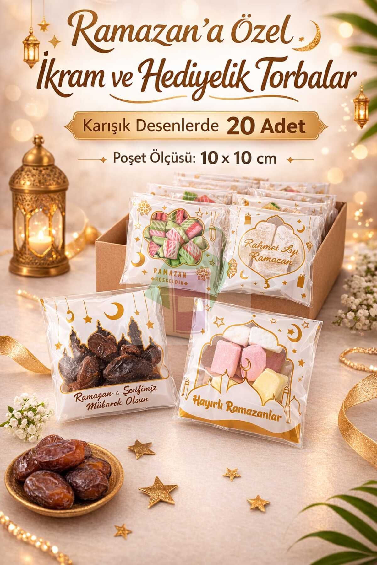Ramazan Temalı Karışık Poşet – Şeker Lokum Hediyelik İçin Bantlı Jelatin Torba 10x10 cm
