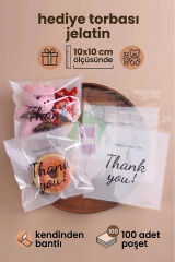 Thank You Baskılı 50 adet Kendinden Yapışkanlı Şeffaf Hediye Poşeti 10x10 cm