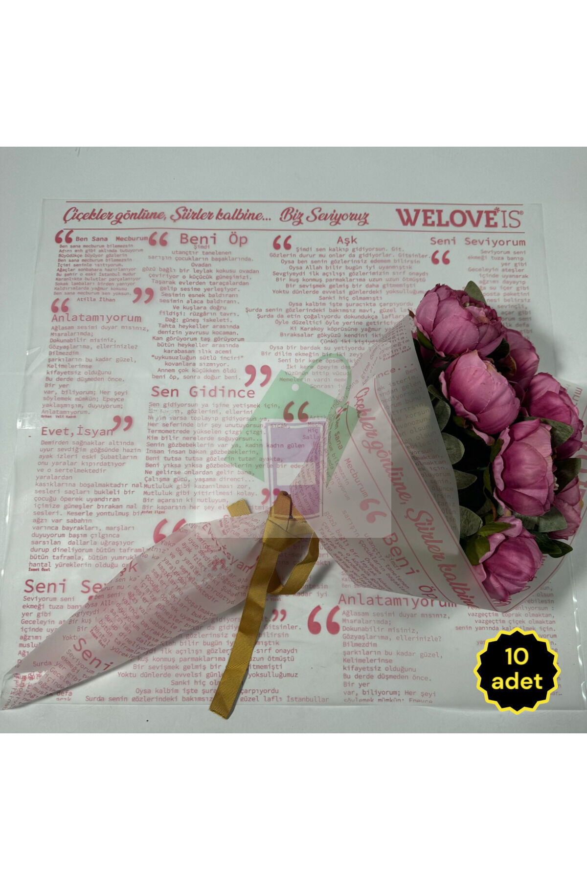 Çiçek Buket Ambalaj Jelatin Kağıdı (Aşk Şiirleri Baskılı) pembe yazılar 55x55cm (10 adet)