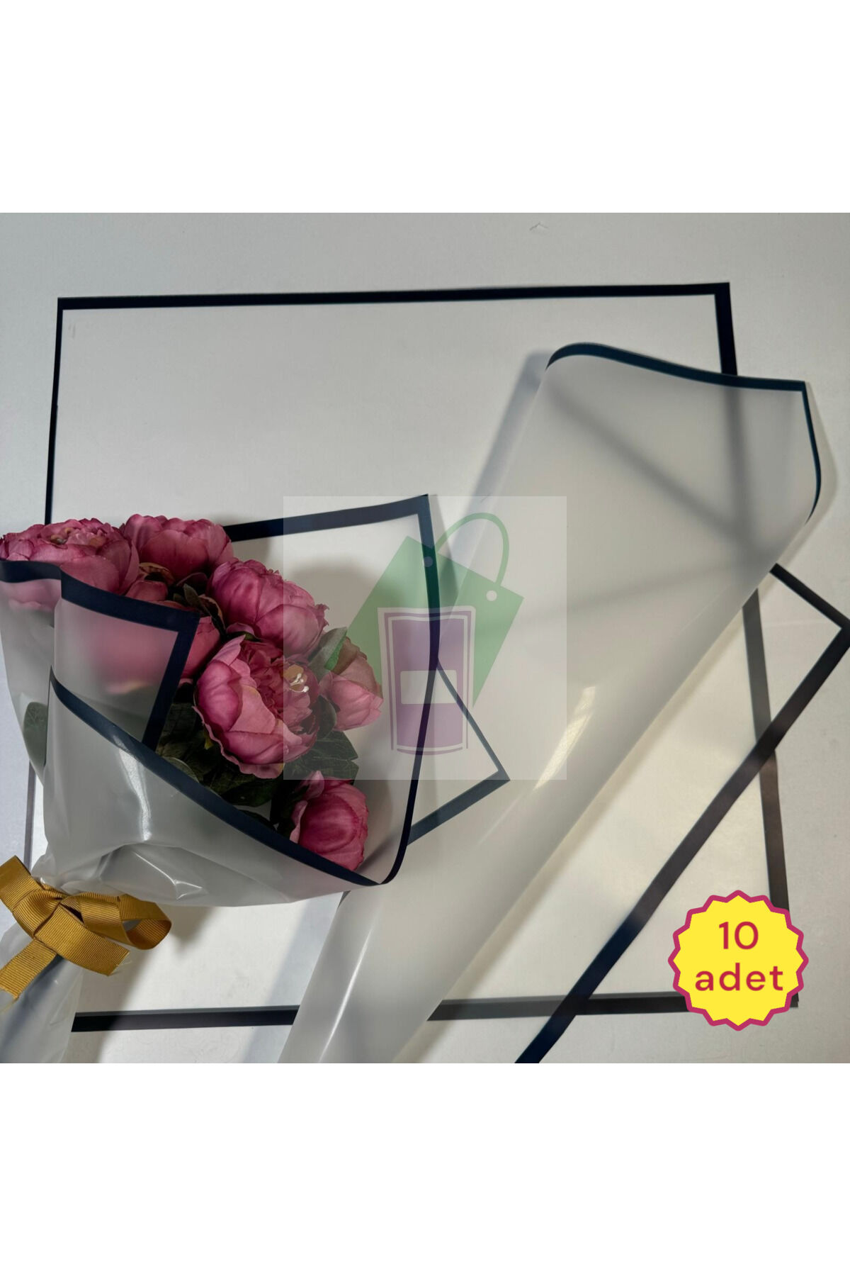 Çiçek Buket Ambalaj Jelatin Kağıdı (BEYAZ ZEMİN VE LACİVERT KENARLI) Mat Opp 55x55cm (10 ADET)