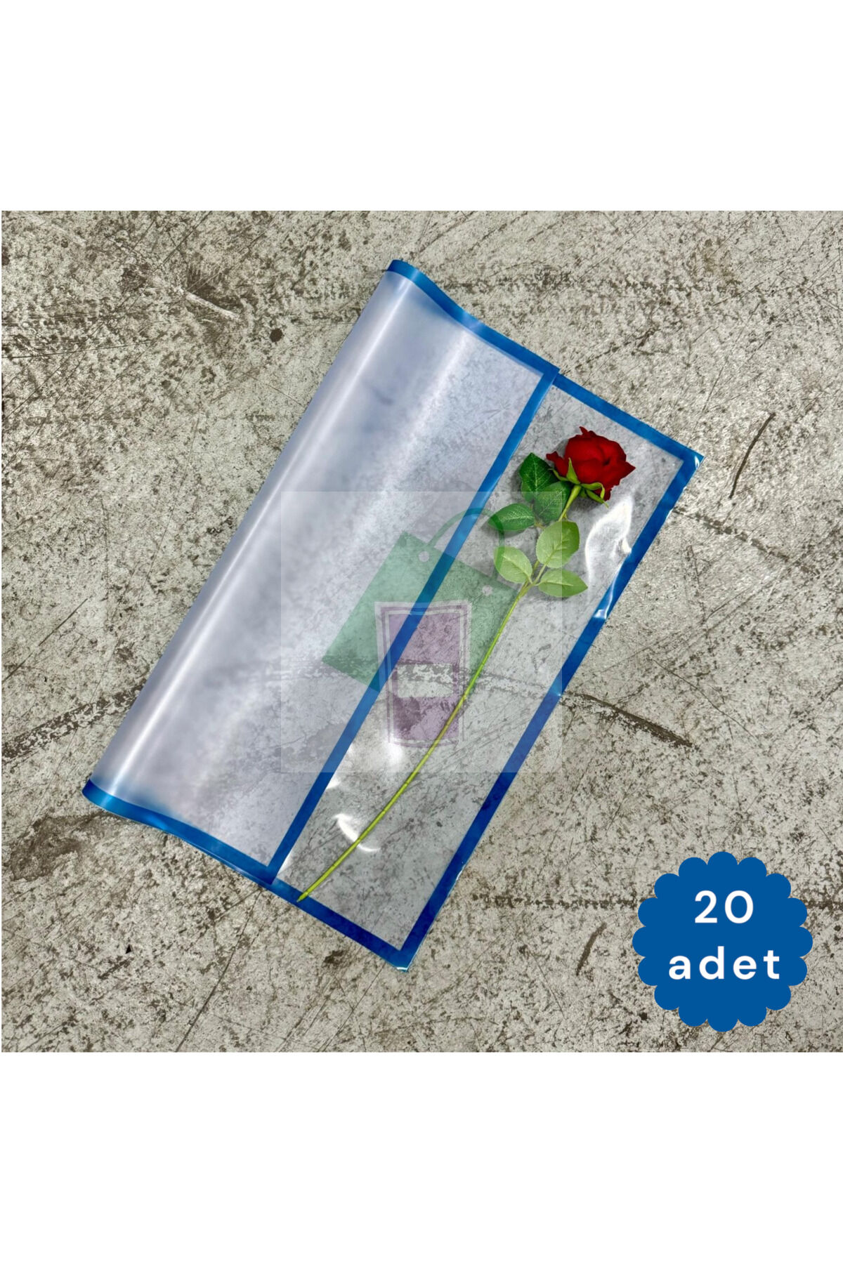 Çiçek Buket Ambalaj Kağıdı Jelatini - Beyaz - Mavi Kenarlı - Mat Opp - 58x58 Cm - 20 Adet