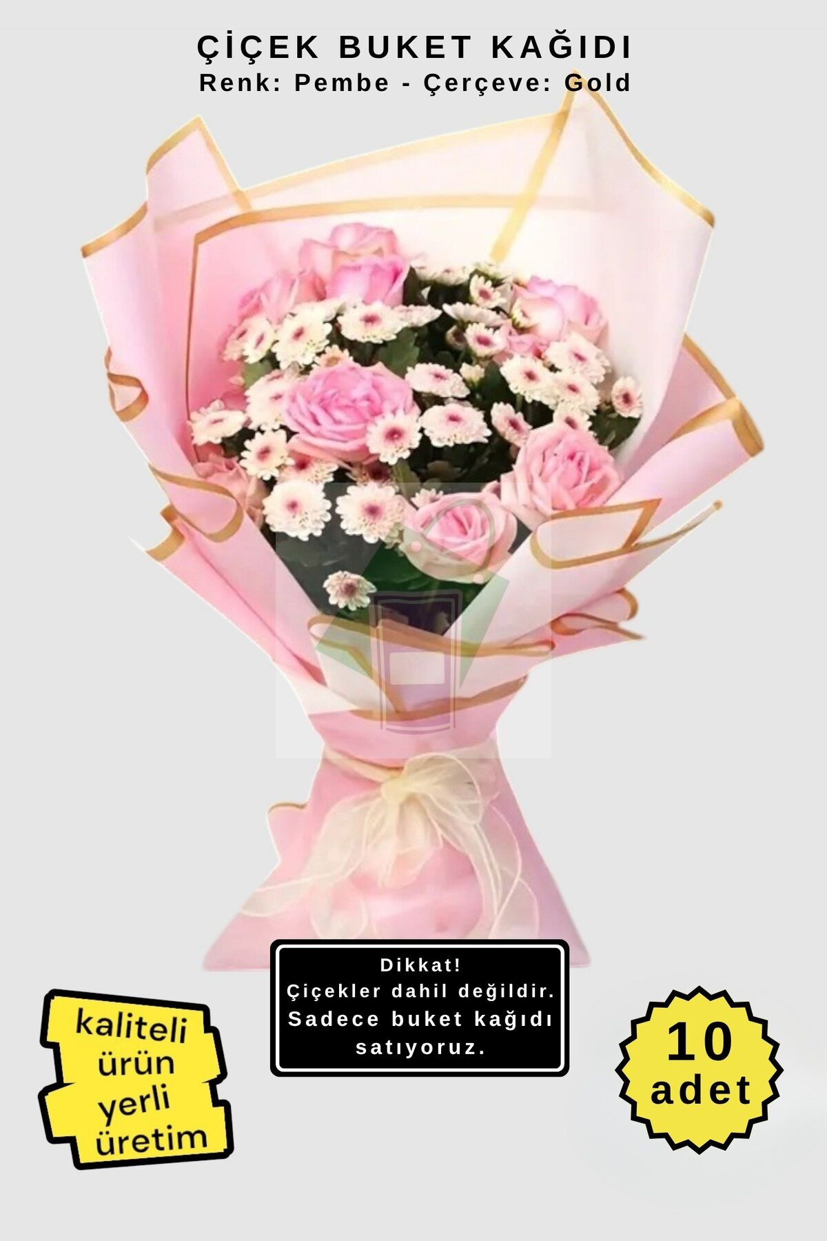 Çiçek Buket Ambalaj Jelatin Kağıdı (PEMBE zemin ve GOLD kenarlı) Mat Opp 55x55cm 10 adet