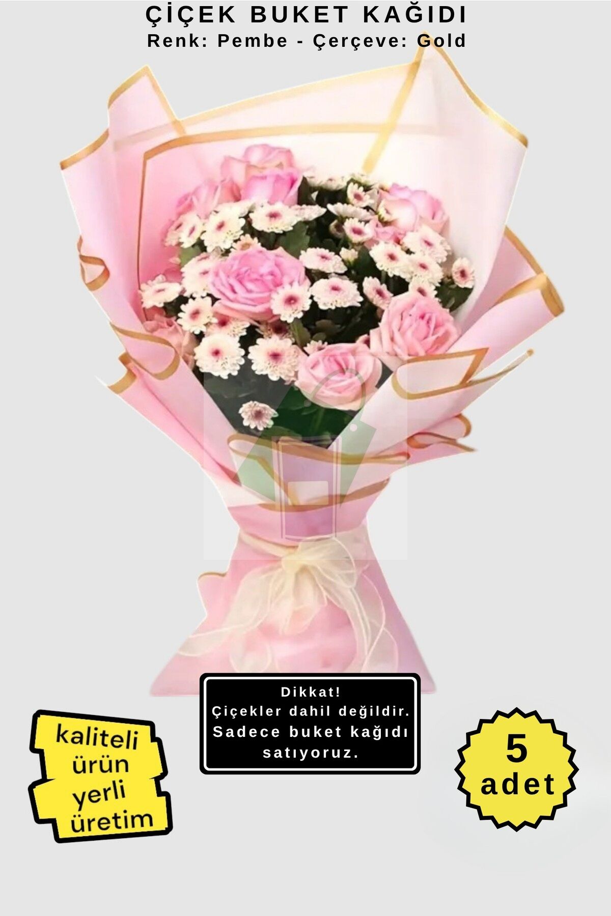 Çiçek Buket Ambalaj Jelatin Kağıdı (PEMBE zemin ve GOLD kenarlı) Mat Opp 55x55cm 5 adet