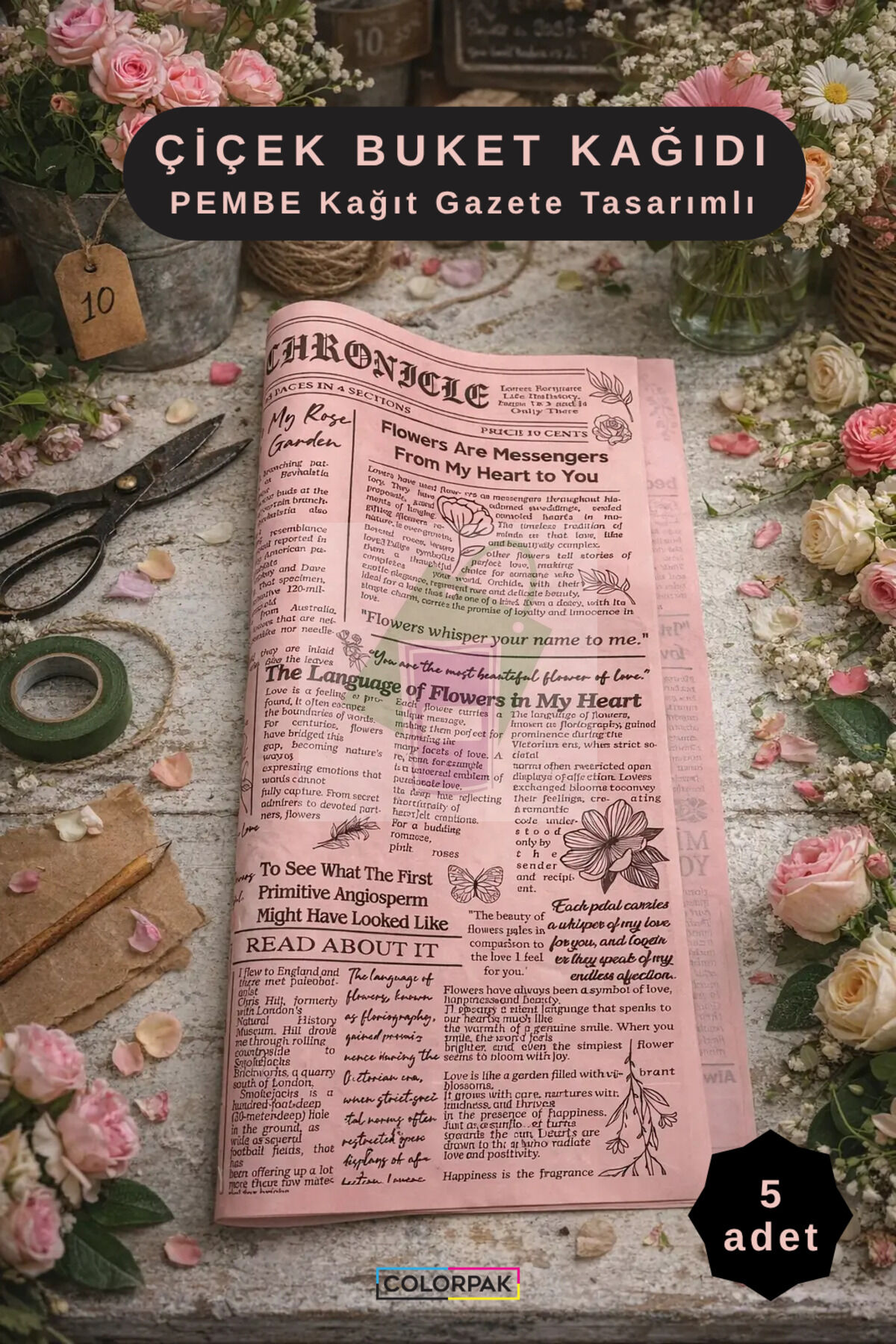 Gazete Baskılı Çiçek Buket Ambalaj Paketleme Kağıdı / PEMBE Kağıt Gazete Buket Ambalajı 55x55cm 5 adet