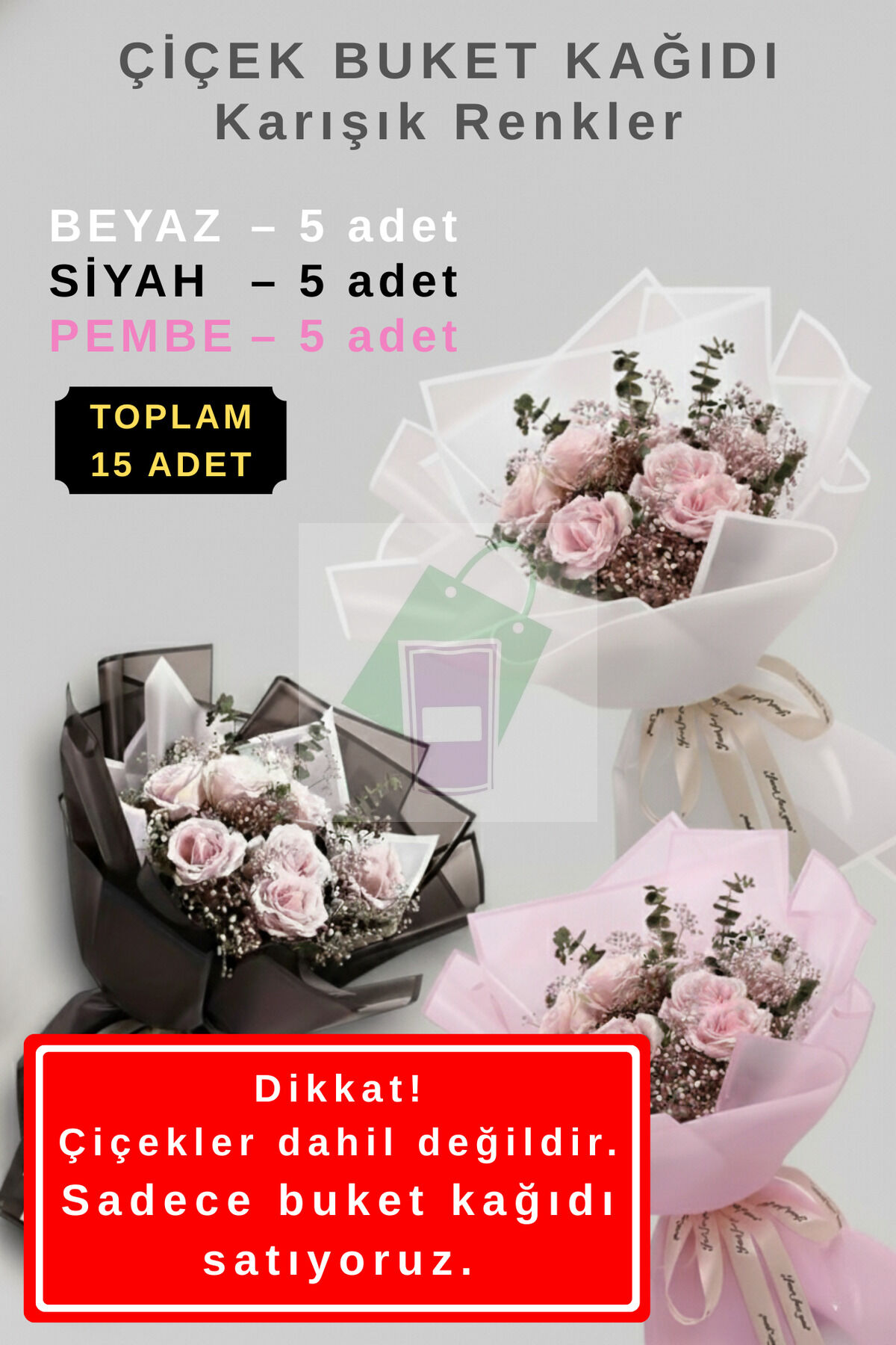 Çiçek Buket Ambalaj Jelatin Kağıdı (Karışık Renkler: Pembe, Siyah ve Beyaz) Mat Opp 55x55cm 15 adet