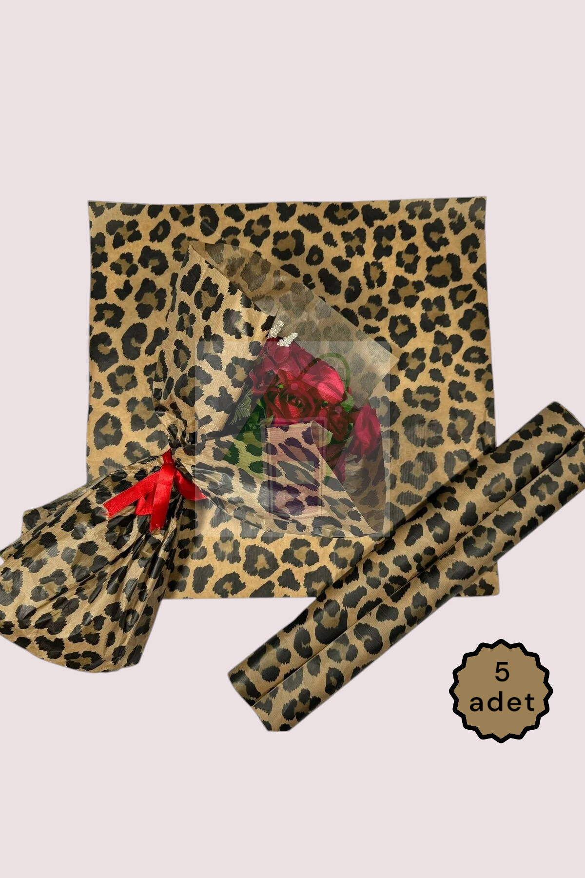 Çiçek Buket Ambalaj Kağıdı - Hediye Paketleme Kağıdı (Leopar Desen) KRAFT 55x55cm (5 adet)