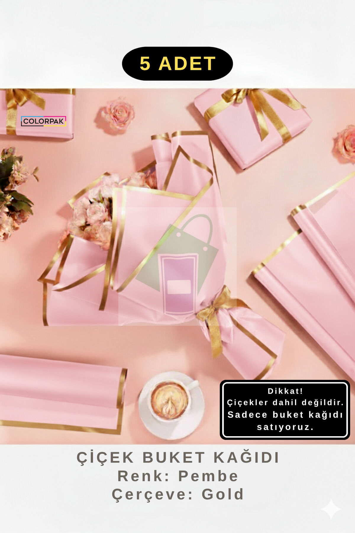 Çiçek Buket Ambalaj Jelatin Kağıdı (PEMBE zemin ve GOLD kenarlı) Mat Opp 55x55cm 5 adet