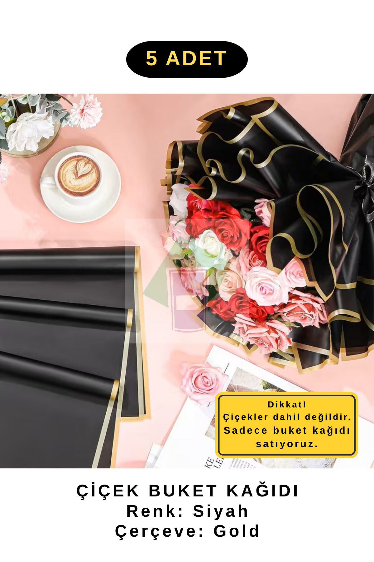 Çiçek Buket Ambalaj Jelatin Kağıdı (SİYAH zemin ve GOLD kenarlı) Mat Opp 55x55cm 5 adet