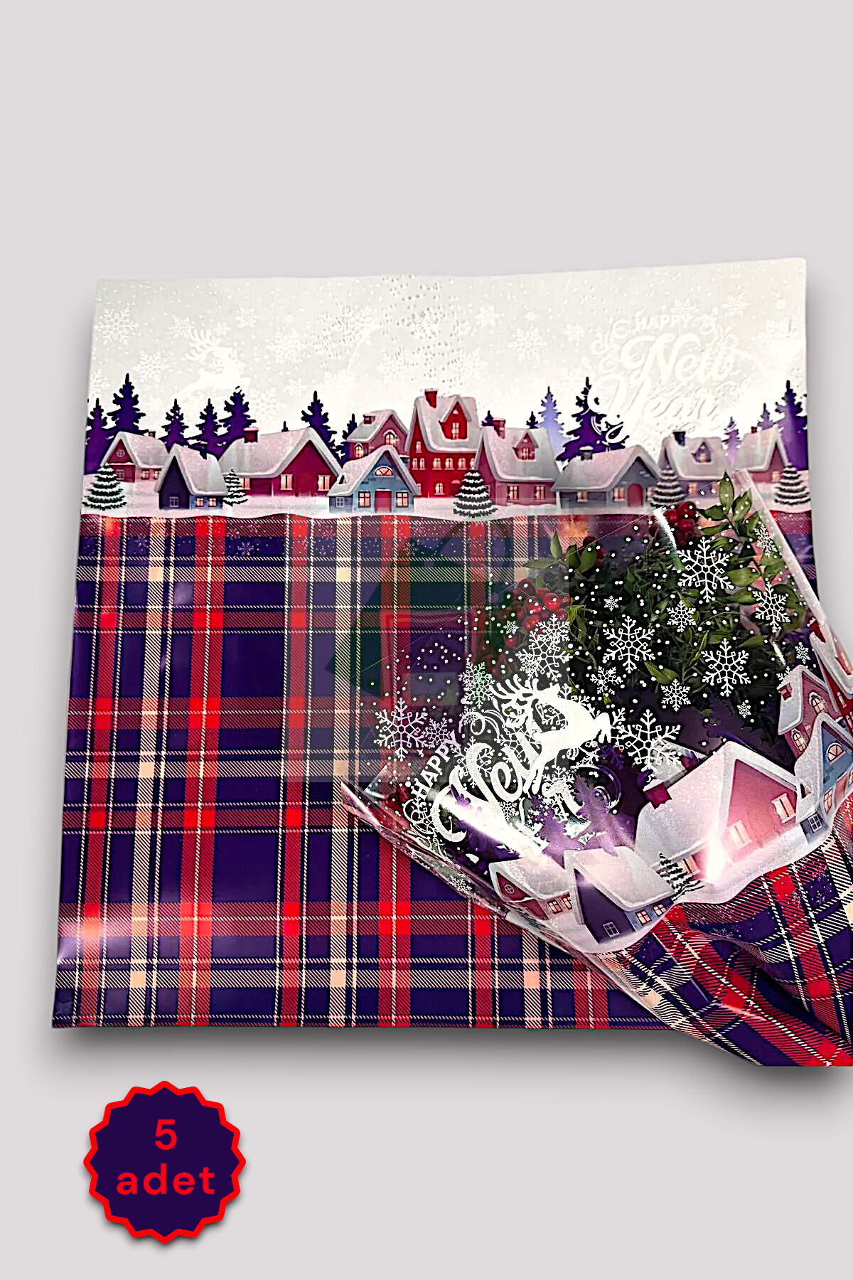 Çiçek Buket Ambalaj Kağıdı - Ekose Desen Kar Taneleri (Yılbaşı Happy New Year) 55x55cm (5 adet)
