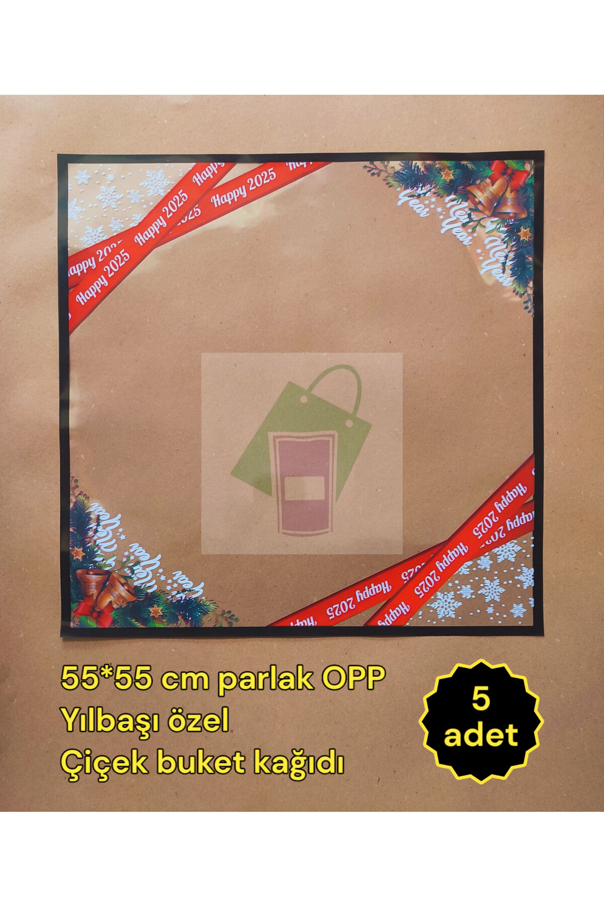 Çiçek Buket Ambalaj Kağıdı - Happy 2025 Kar Taneleri (Yılbaşı Happy New Year) 55x55cm (5 adet)