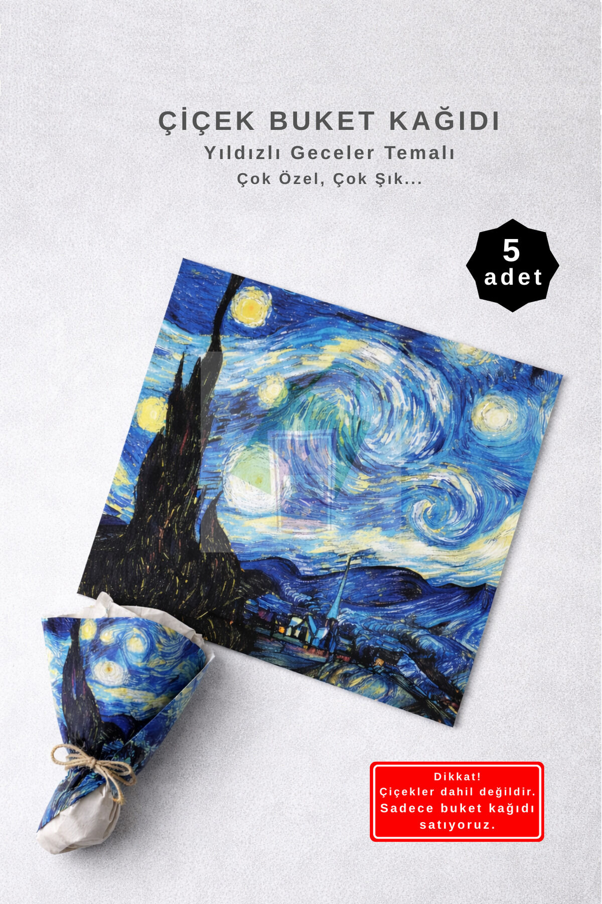 Yıldızlı Gece Baskılı Çiçek Buket Paketleme Jelatin Kağıdı / Paket Ambalajı 55x55cm 5 adet