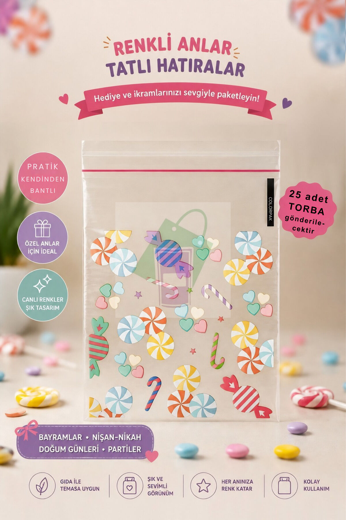bayram ve özel günler için ikram ve hediye kesesi Kendinden Yapışkanlı Şeffaf Poşet 10x10 cm